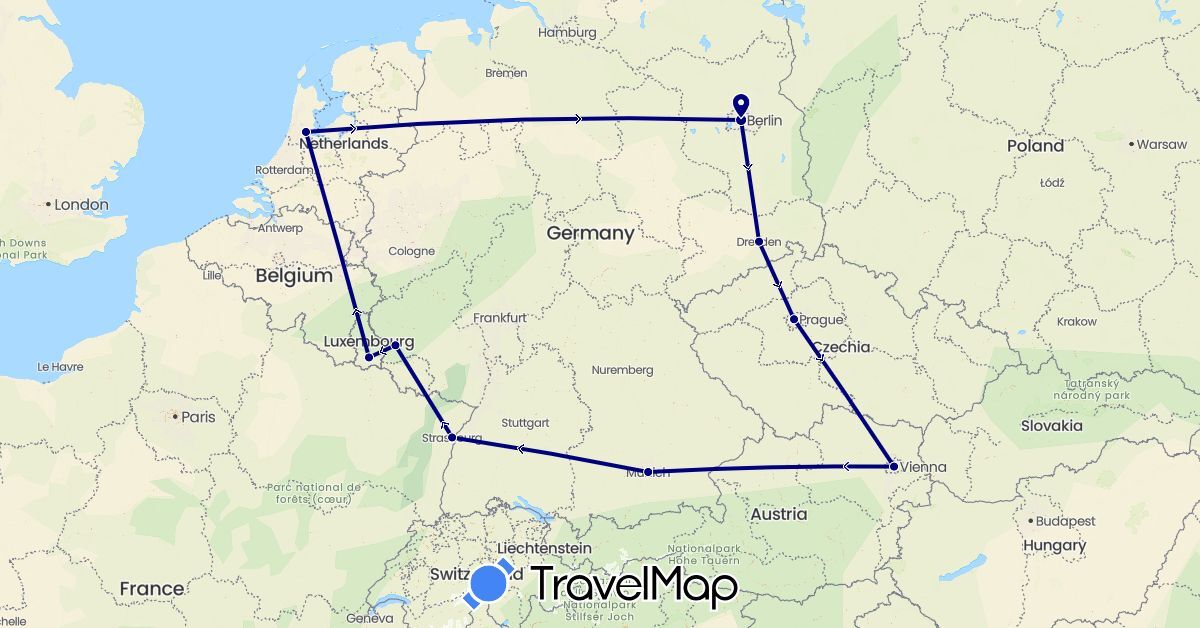 TravelMap itinerary: driving in Austria, Czech Republic, Germany, France, Luxembourg, Netherlands (Europe)